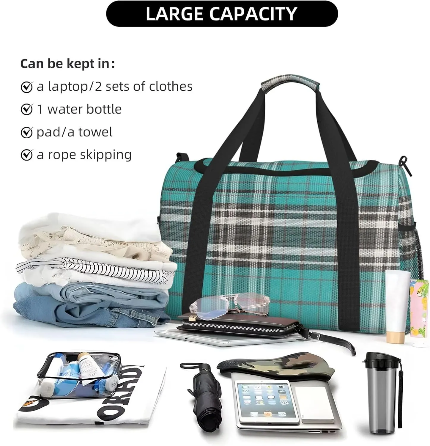 Blue Thin Line Grid Travel Duffel Bag Large Foldable Waterproof Overnight Bag For Beach Swim Bags Pool Sports Gym