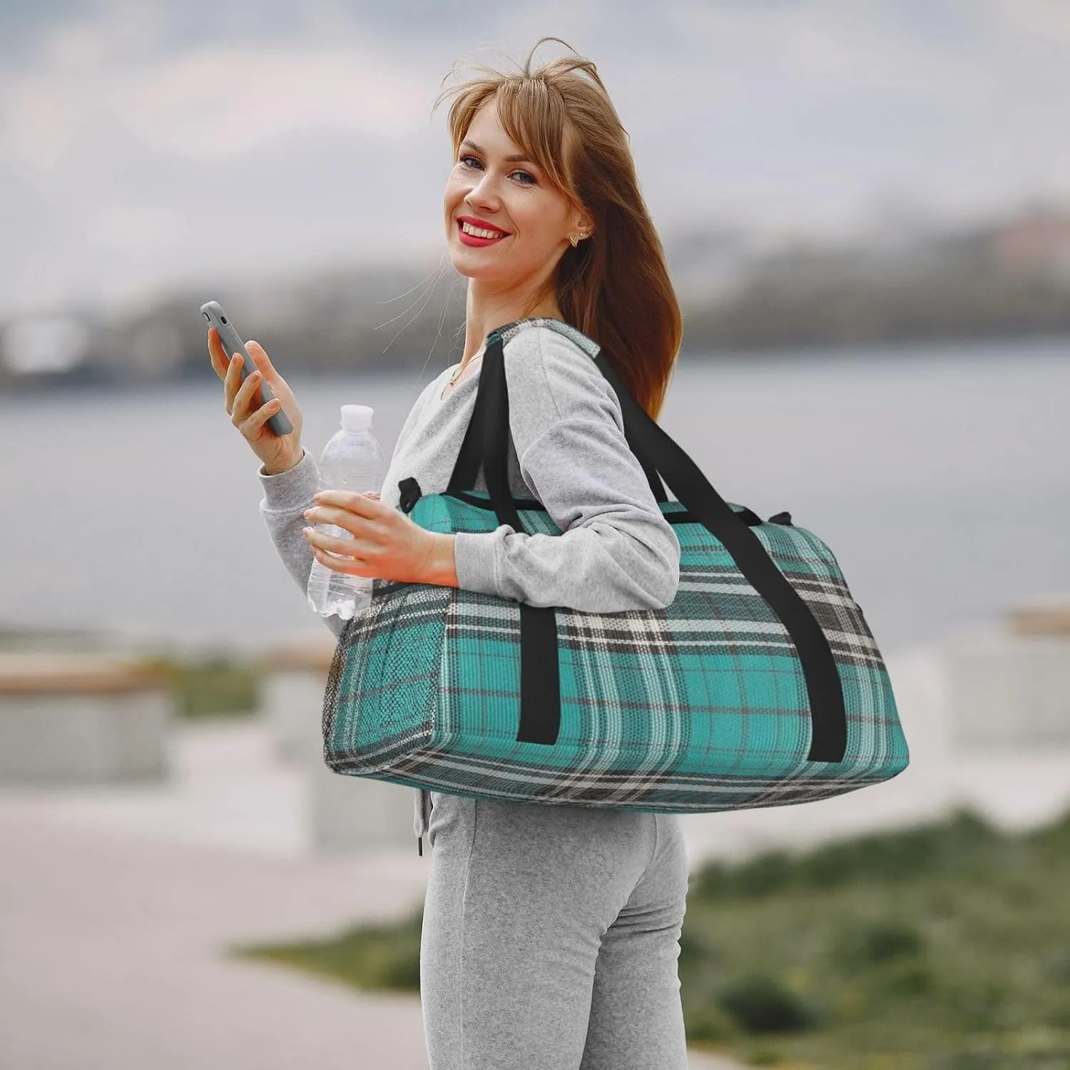 Blue Thin Line Grid Travel Duffel Bag Large Foldable Waterproof Overnight Bag For Beach Swim Bags Pool Sports Gym