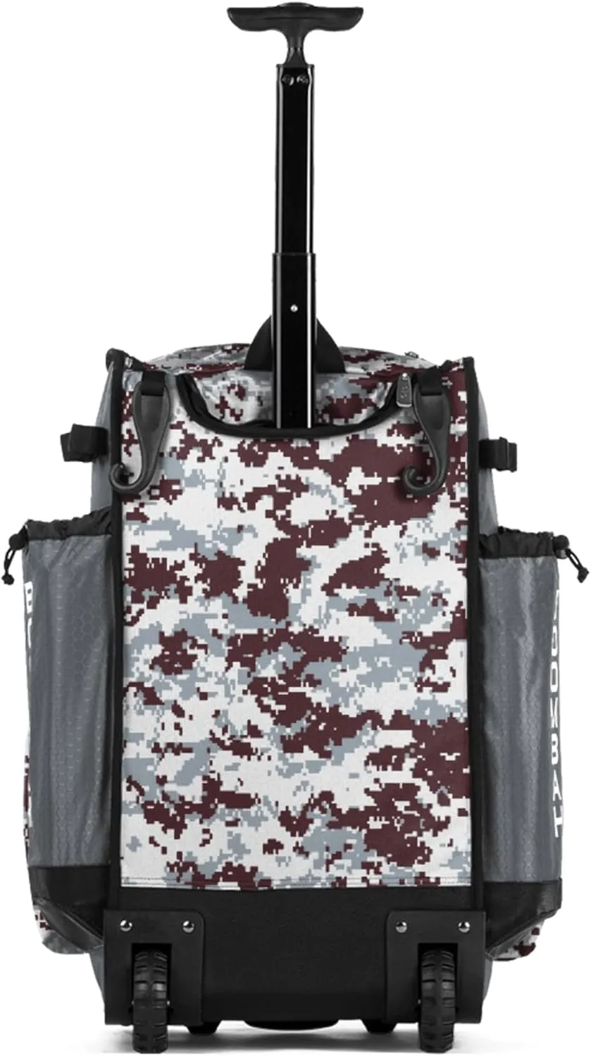 Boombah Rolling Superpack Baseball/Softball Gear Bag - 23-1/2" x 13-1/2" x 9-1/2" - Digital Camo Gray/Maroon - Telescopic Handle - Holds 4 Bats - Wheeled Version