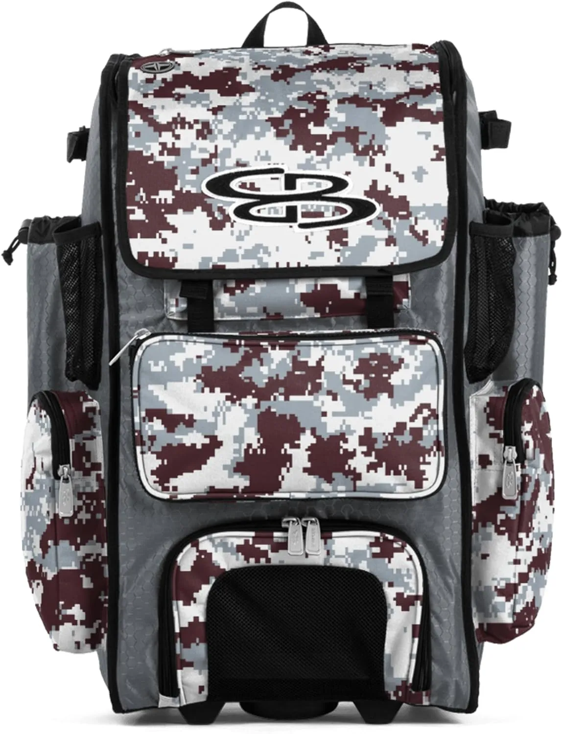 Boombah Rolling Superpack Baseball/Softball Gear Bag - 23-1/2" x 13-1/2" x 9-1/2" - Digital Camo Gray/Maroon - Telescopic Handle - Holds 4 Bats - Wheeled Version