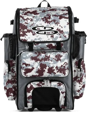 Boombah Rolling Superpack Baseball/Softball Gear Bag - 23-1/2" x 13-1/2" x 9-1/2" - Digital Camo Gray/Maroon - Telescopic Handle - Holds 4 Bats - Wheeled Version