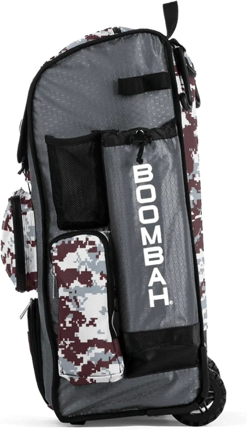 Boombah Rolling Superpack Baseball/Softball Gear Bag - 23-1/2" x 13-1/2" x 9-1/2" - Digital Camo Gray/Maroon - Telescopic Handle - Holds 4 Bats - Wheeled Version