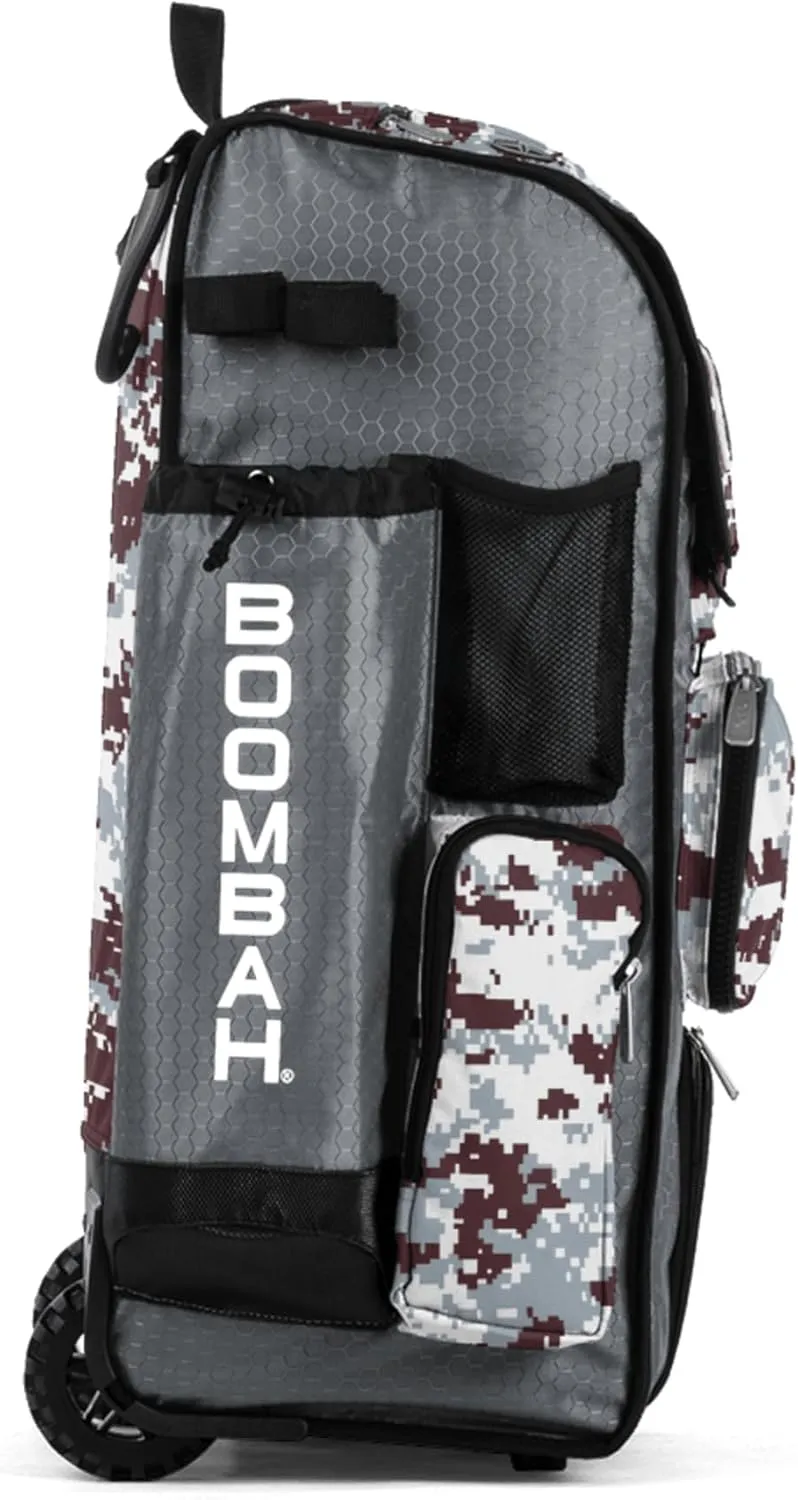 Boombah Rolling Superpack Baseball/Softball Gear Bag - 23-1/2" x 13-1/2" x 9-1/2" - Digital Camo Gray/Maroon - Telescopic Handle - Holds 4 Bats - Wheeled Version