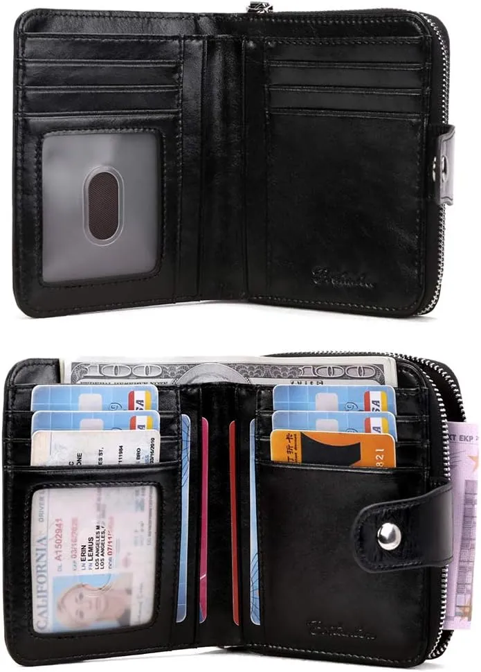 BOSTANTEN Leather Wallets for Women RFID Blocking Zipper Pocket Small Bifold Wallet Card Case