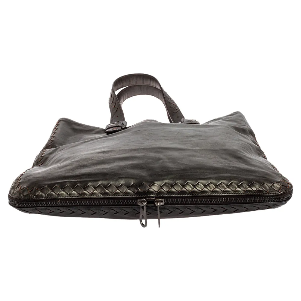 Bottega Veneta Dark Brown Intrecciato Trim Leather Expandable Tote