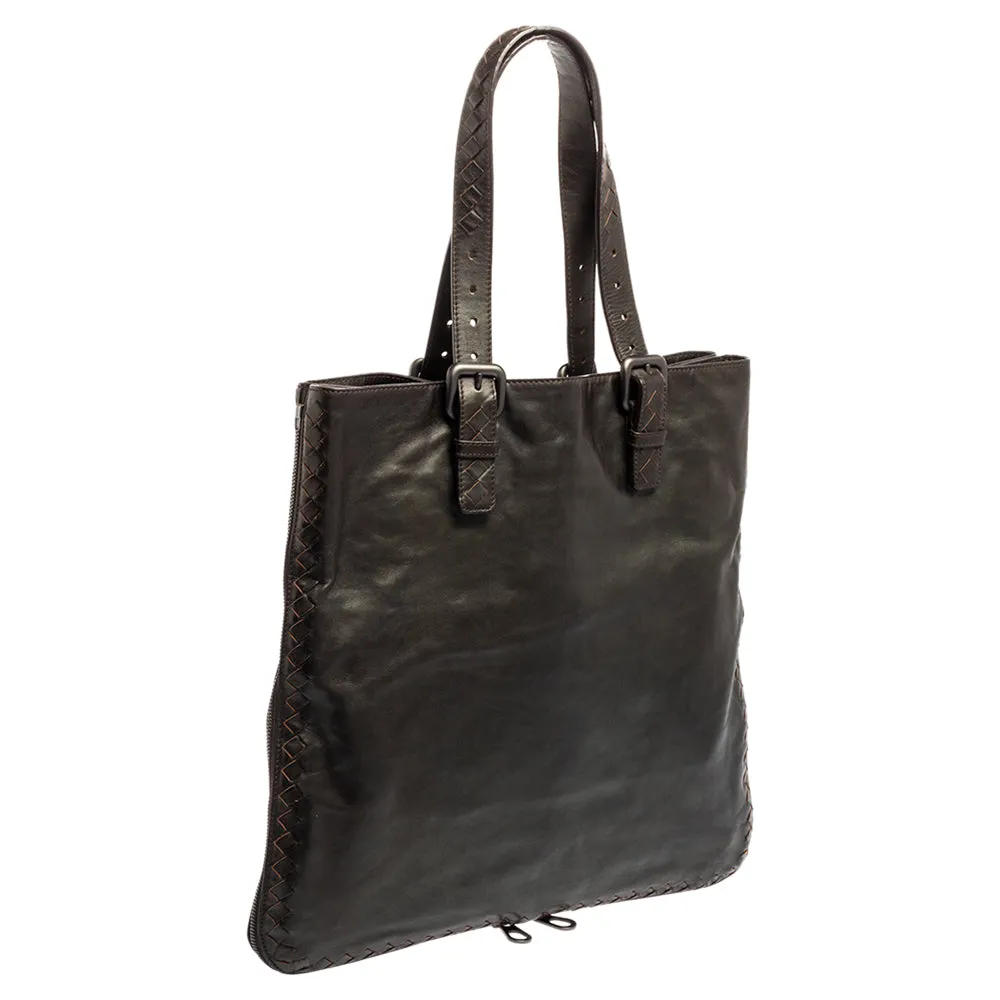 Bottega Veneta Dark Brown Intrecciato Trim Leather Expandable Tote