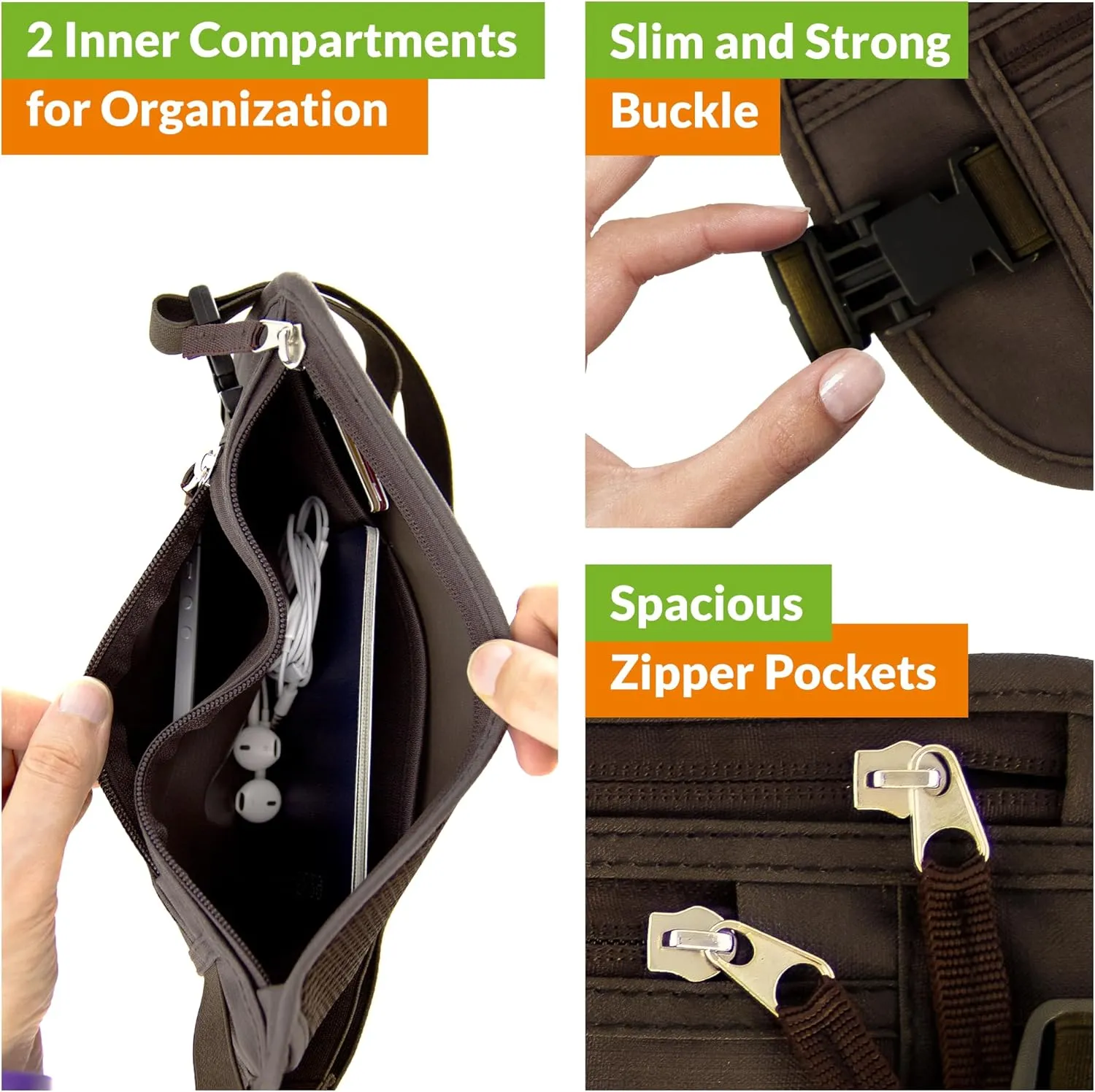 Boxiki Travel Money Belt - RFID Blocking Waist Bag, Secure Fanny Pack for Men and Women, Fits Passport, Wallet, Phone and Personal Items, Waist Pack (Brown)