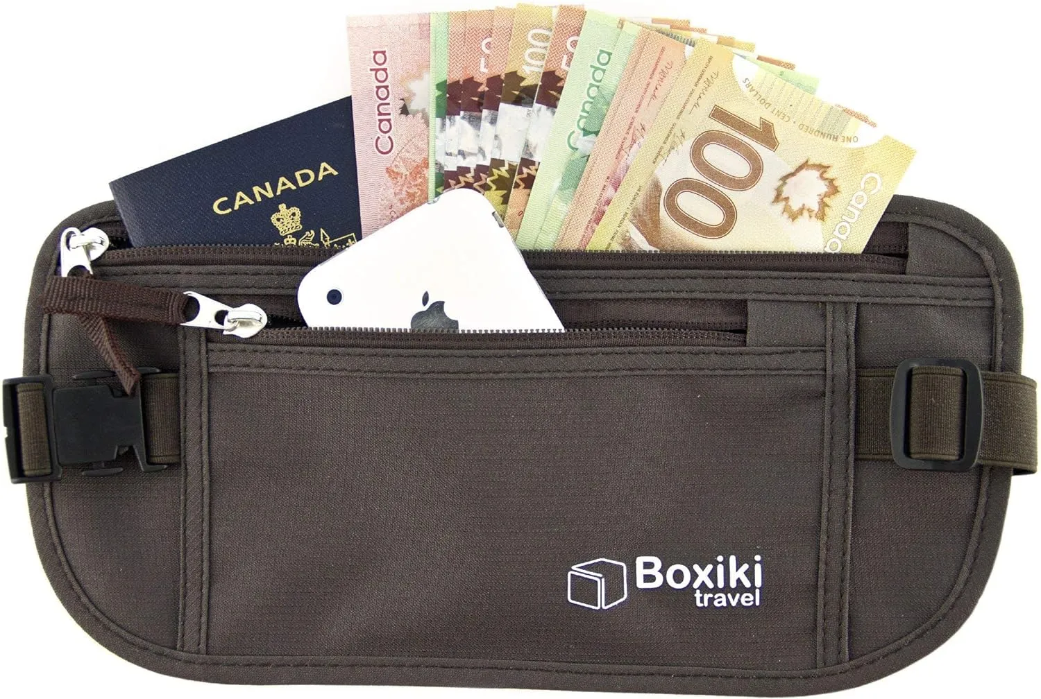 Boxiki Travel Money Belt - RFID Blocking Waist Bag, Secure Fanny Pack for Men and Women, Fits Passport, Wallet, Phone and Personal Items, Waist Pack (Brown)