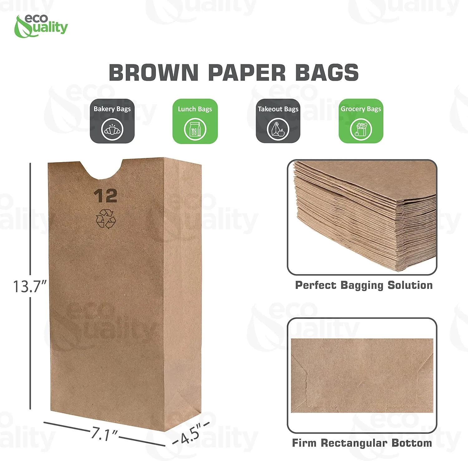 Brown Kraft Paper Bag (12 lb) Large - Paper Lunch Bags, Large Snacks, Gift Bags, Grocery, Merchandise, Party Bags (7 1/16 x 4 1/2 x 13 3/4 in.) (12 Pound Capacity) by EcoQuality (500)