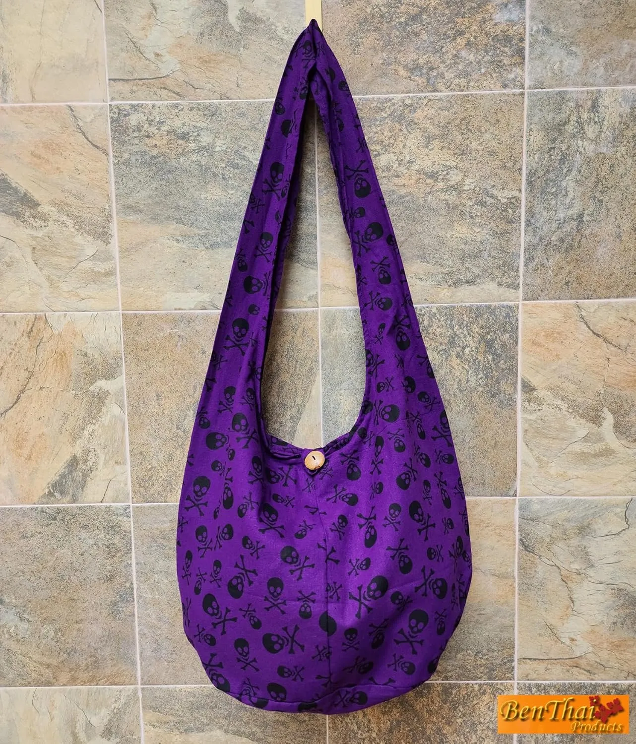 BTP! Skull Punk Rock Hippie Hobo Thai Cotton Sling Crossbody Bag Messenger Purse (Purple SK6)
