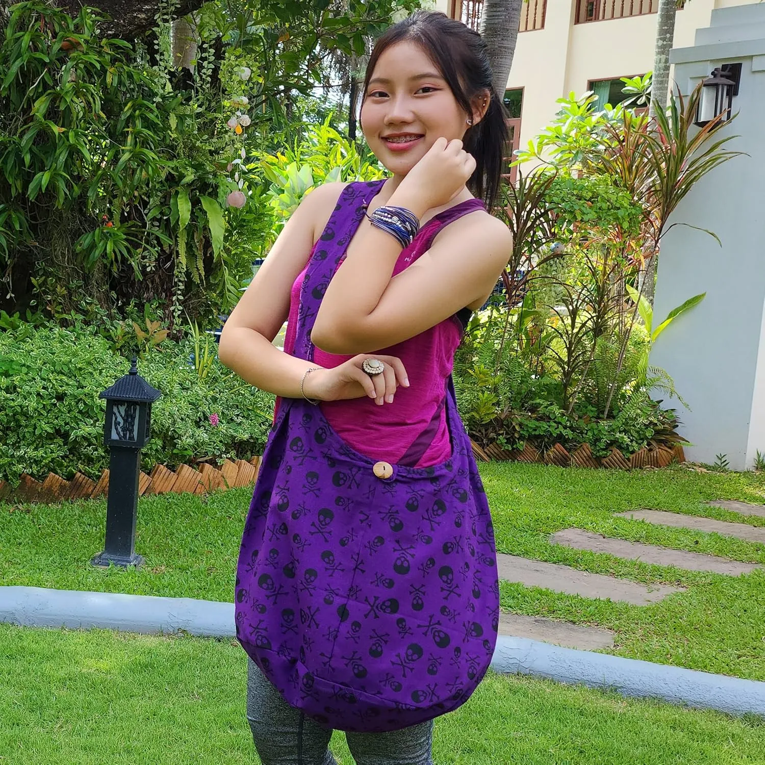 BTP! Skull Punk Rock Hippie Hobo Thai Cotton Sling Crossbody Bag Messenger Purse (Purple SK6)