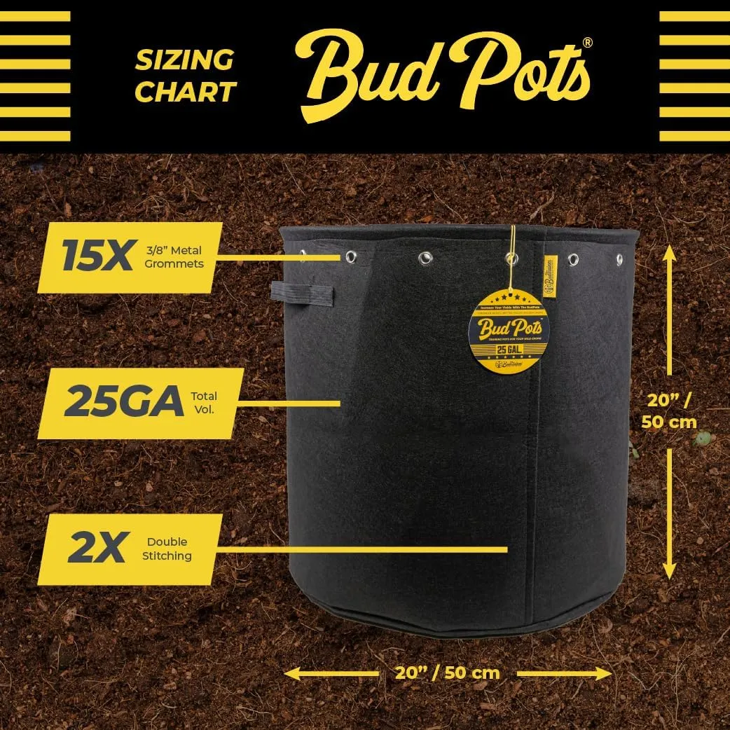 BudPots for Optimal Plant Growth | 25 Gallon Fabric Pots (94.5L) |2-Pack | Metal Reinforced Rim - Sturdy & Never Collapses | Promotes Dense & Healthy Roots | Low Stress Training | Reusable