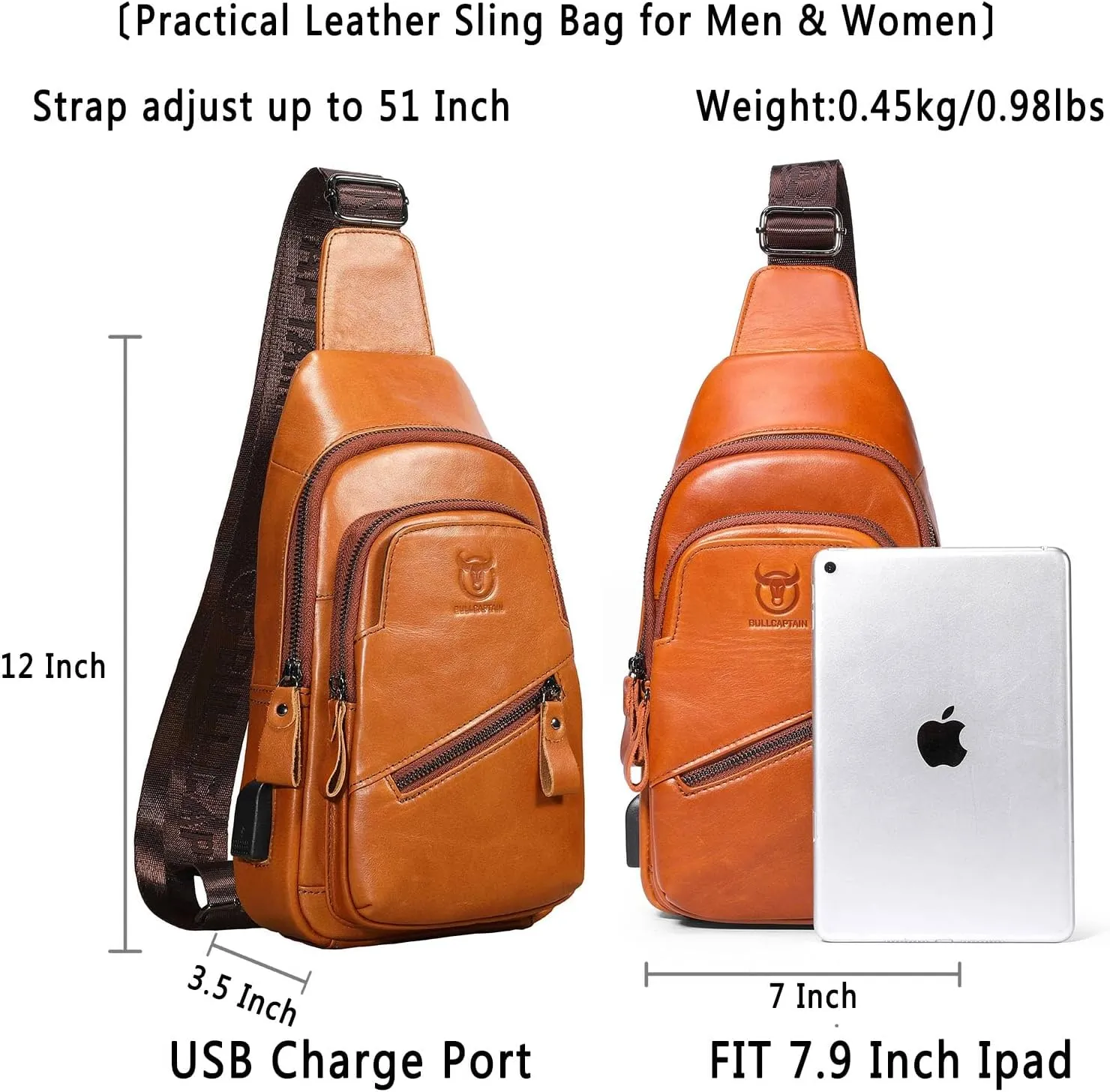 BULLCAPTAIN Leather Sling Bag for Men Crossbody Backpack with USB Charging Port Casual Daypack for Hiking Shoulder & Chest Bag Purse (Brown)