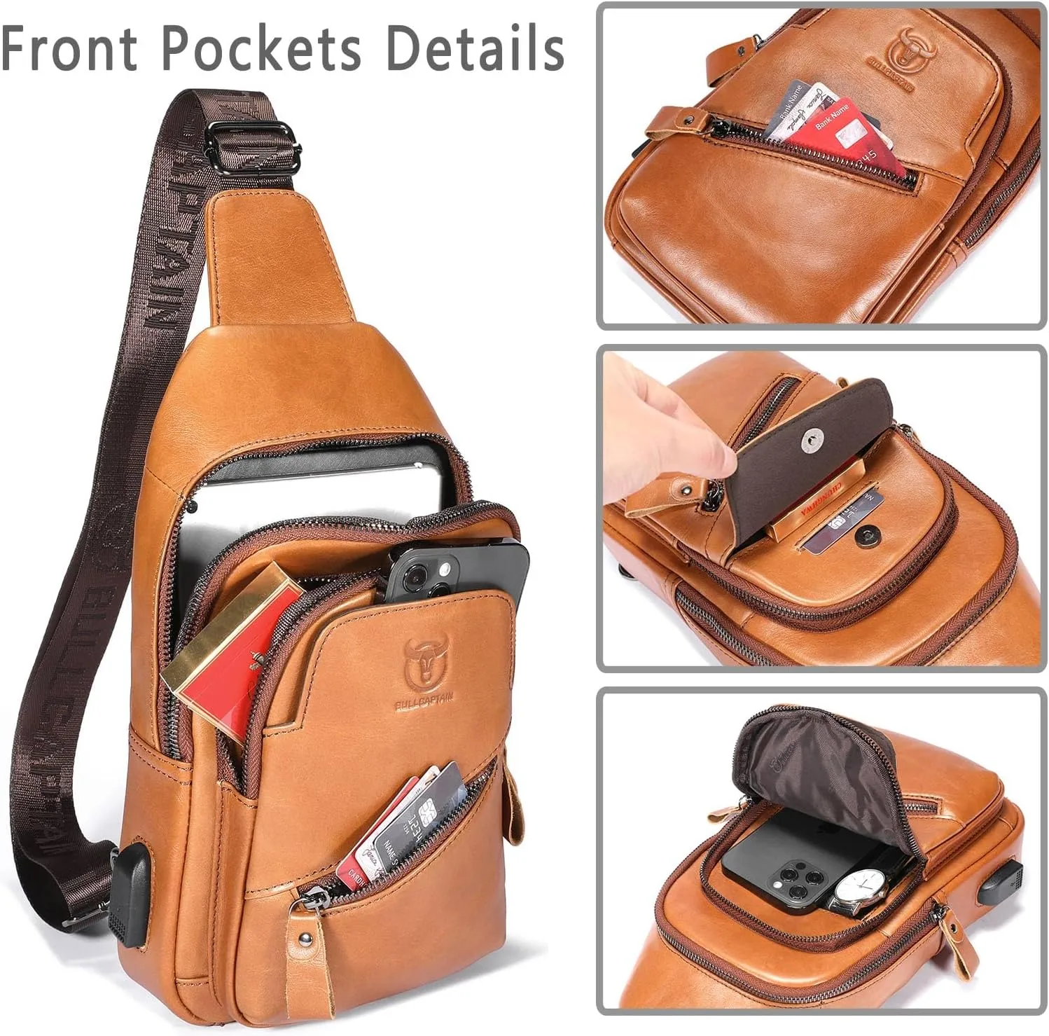 BULLCAPTAIN Leather Sling Bag for Men Crossbody Backpack with USB Charging Port Casual Daypack for Hiking Shoulder & Chest Bag Purse (Brown)