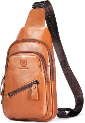 BULLCAPTAIN Leather Sling Bag for Men Crossbody Backpack with USB Charging Port Casual Daypack for Hiking Shoulder & Chest Bag Purse (Brown)