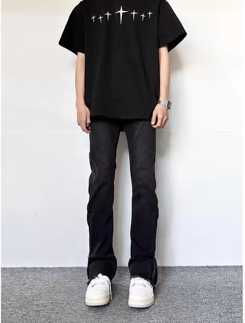 BXCNCKD Gothic Pants, high Street Ruffled Jeans, Men's American Black Slim fit, Retro Micro Flared Pants Y2K