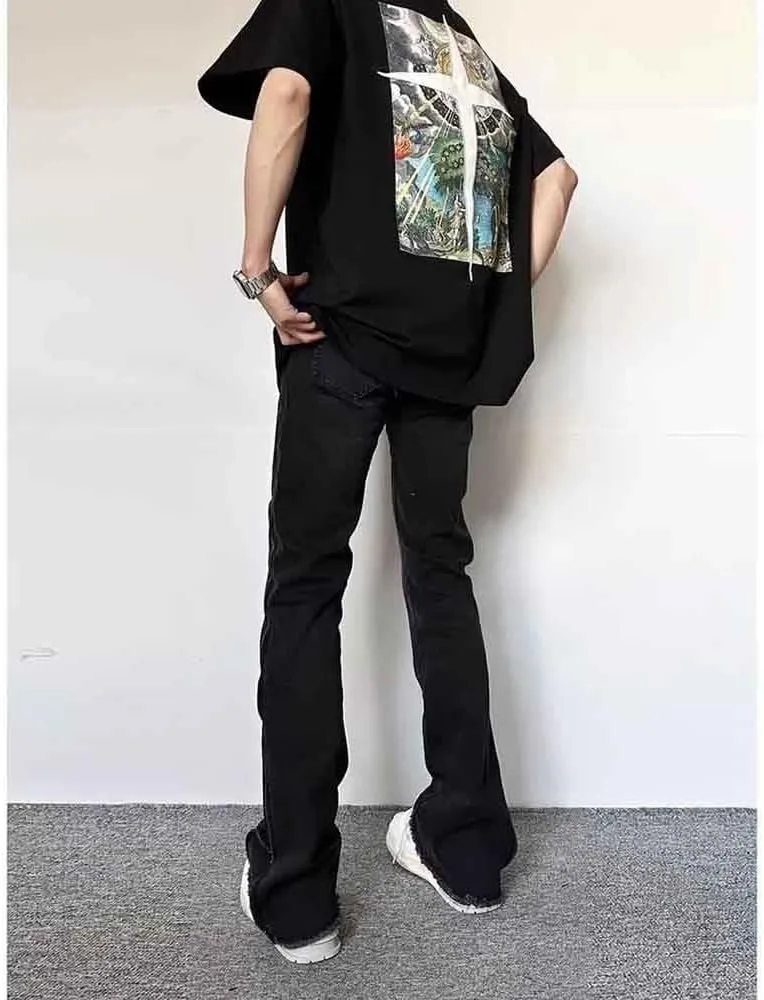 BXCNCKD Gothic Pants, high Street Ruffled Jeans, Men's American Black Slim fit, Retro Micro Flared Pants Y2K