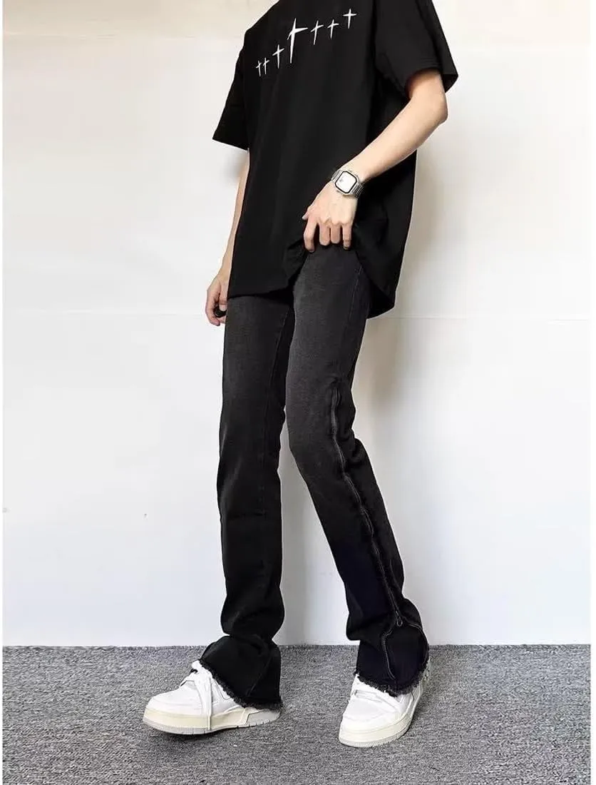 BXCNCKD Gothic Pants, high Street Ruffled Jeans, Men's American Black Slim fit, Retro Micro Flared Pants Y2K