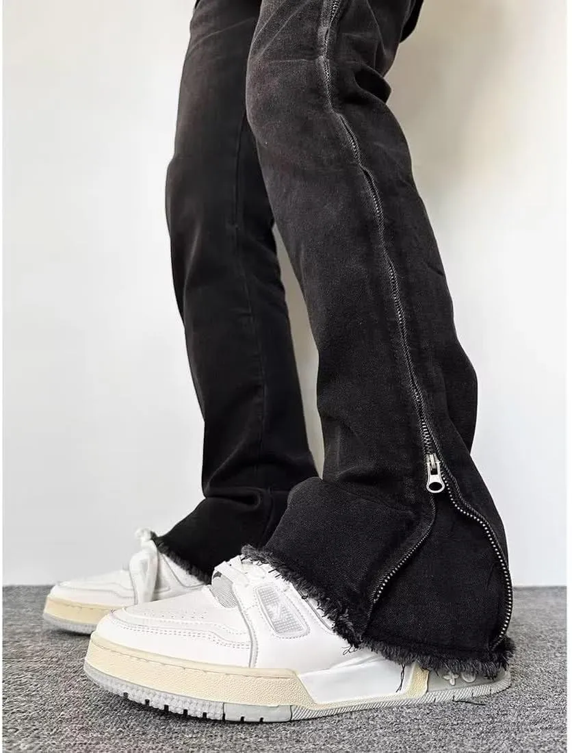 BXCNCKD Gothic Pants, high Street Ruffled Jeans, Men's American Black Slim fit, Retro Micro Flared Pants Y2K