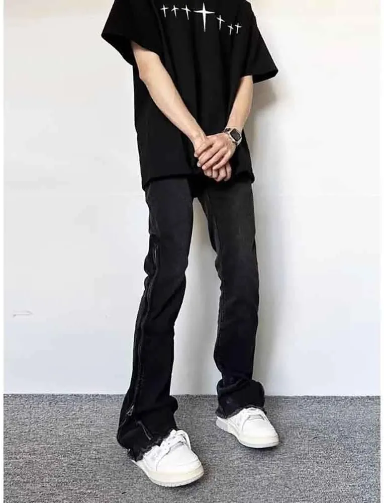 BXCNCKD Gothic Pants, high Street Ruffled Jeans, Men's American Black Slim fit, Retro Micro Flared Pants Y2K