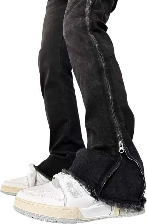 BXCNCKD Gothic Pants, high Street Ruffled Jeans, Men's American Black Slim fit, Retro Micro Flared Pants Y2K