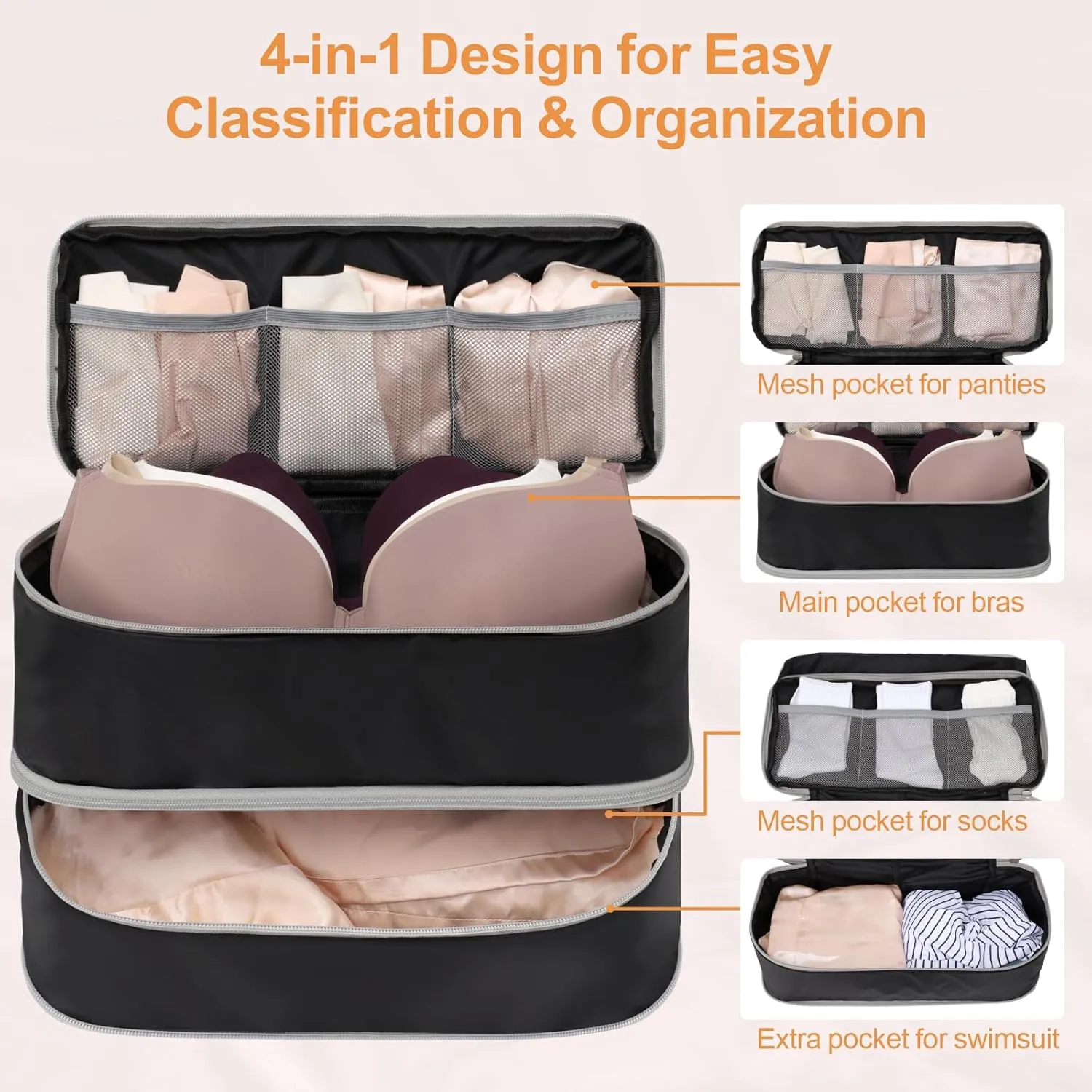 Cambond Travel Underwear Organizer Bag - Lightweight Bra Organizer, Portable Expandable Compression Packing Cubes, Underwear Storage Bag for Women