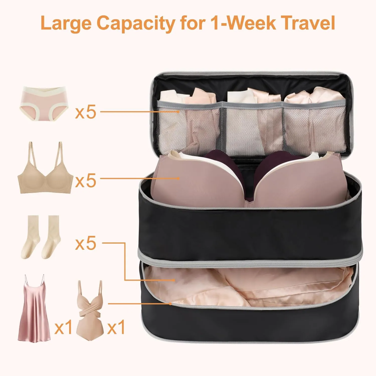 Cambond Travel Underwear Organizer Bag - Lightweight Bra Organizer, Portable Expandable Compression Packing Cubes, Underwear Storage Bag for Women