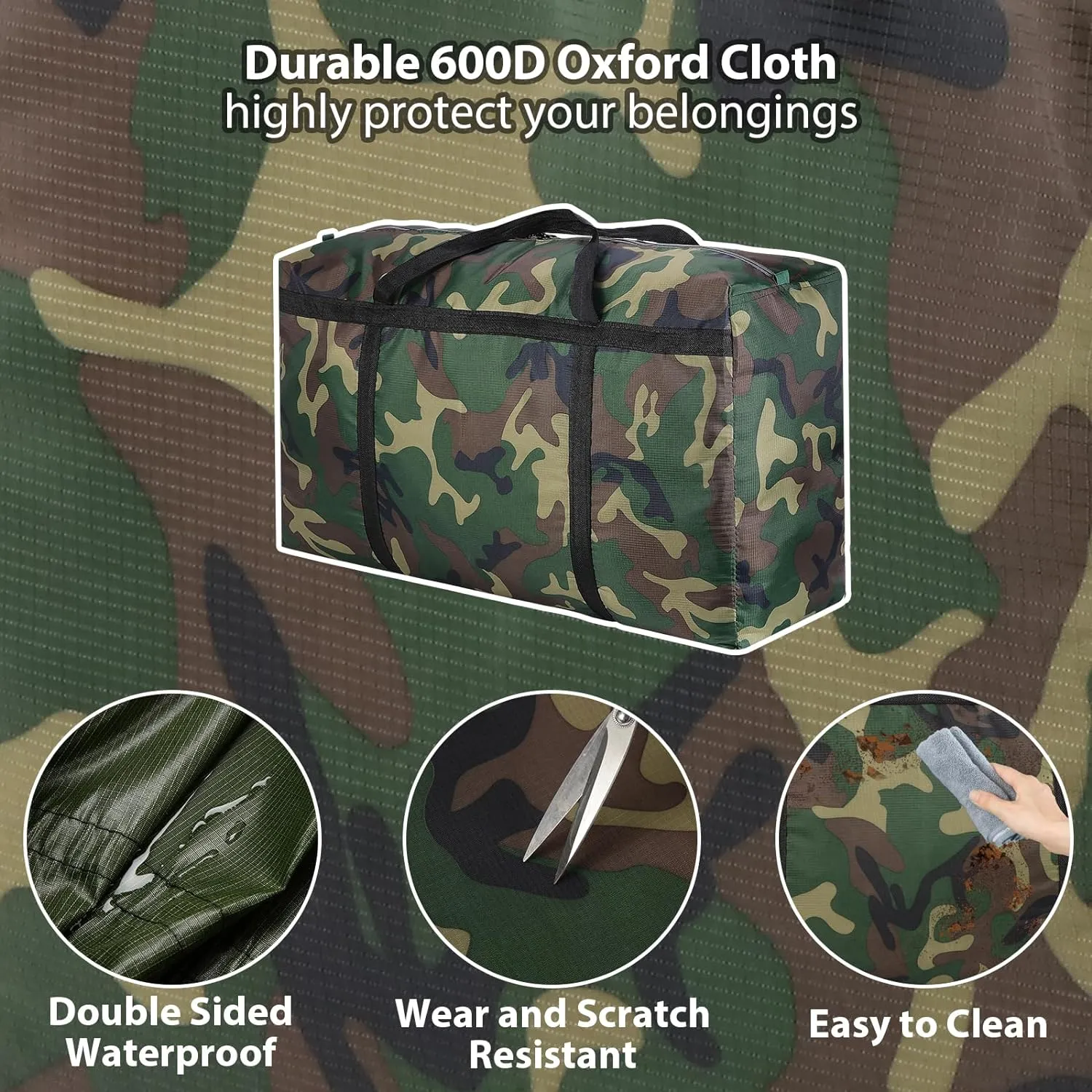 Camouflage Extra Large Moving Bags, Heavy Duty Storage Bags, 600D Oxford Cloth Wrap Around Handles Double Zipper, Waterproof Reusable Convenient (100L-3P)