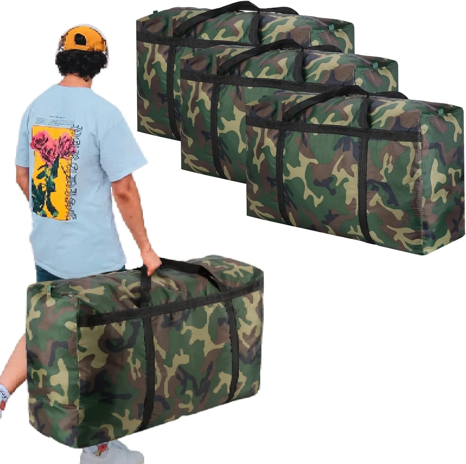 Camouflage Extra Large Moving Bags, Heavy Duty Storage Bags, 600D Oxford Cloth Wrap Around Handles Double Zipper, Waterproof Reusable Convenient (100L-3P)
