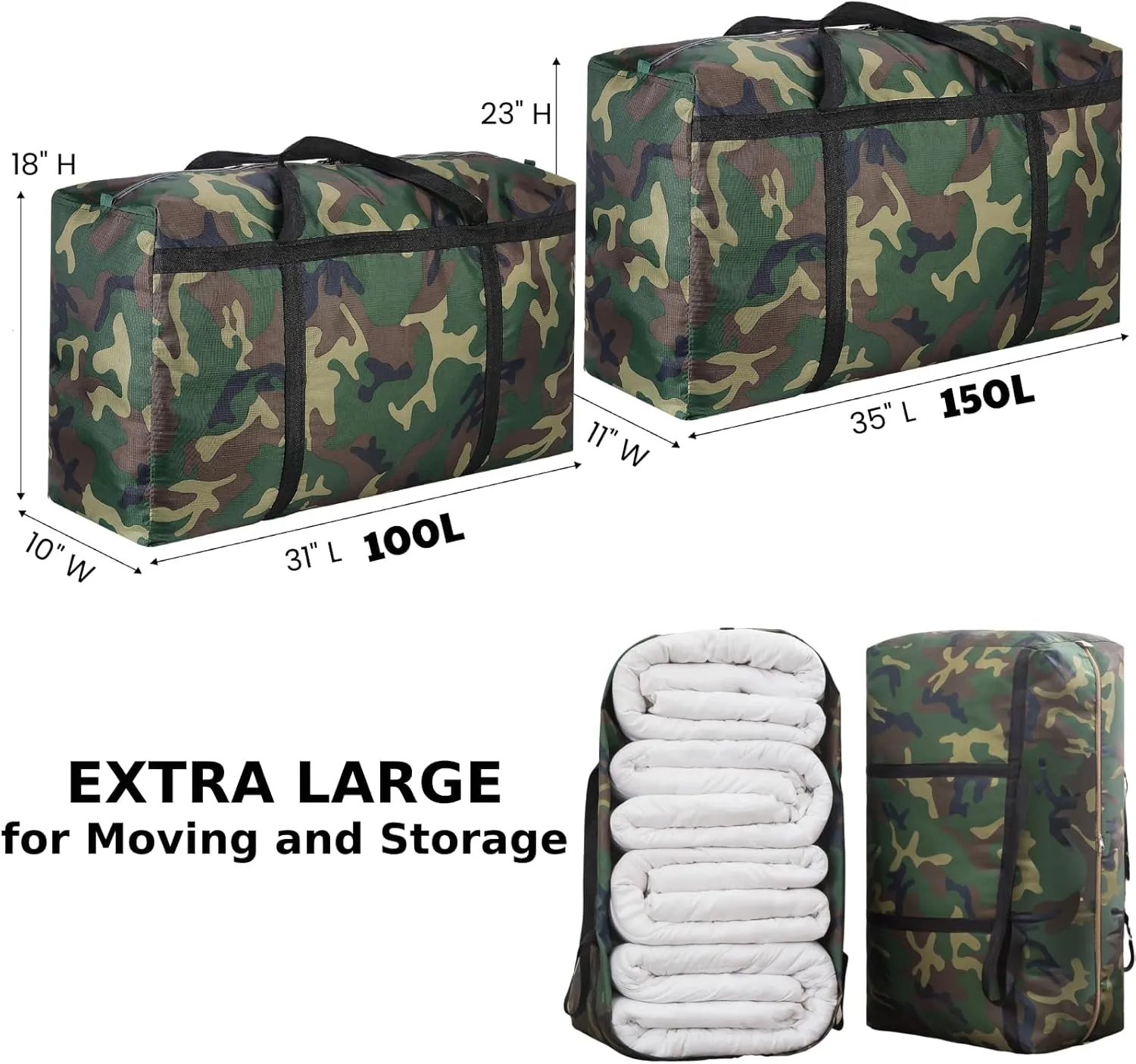 Camouflage Extra Large Moving Bags, Heavy Duty Storage Bags, 600D Oxford Cloth Wrap Around Handles Double Zipper, Waterproof Reusable Convenient (100L-3P)