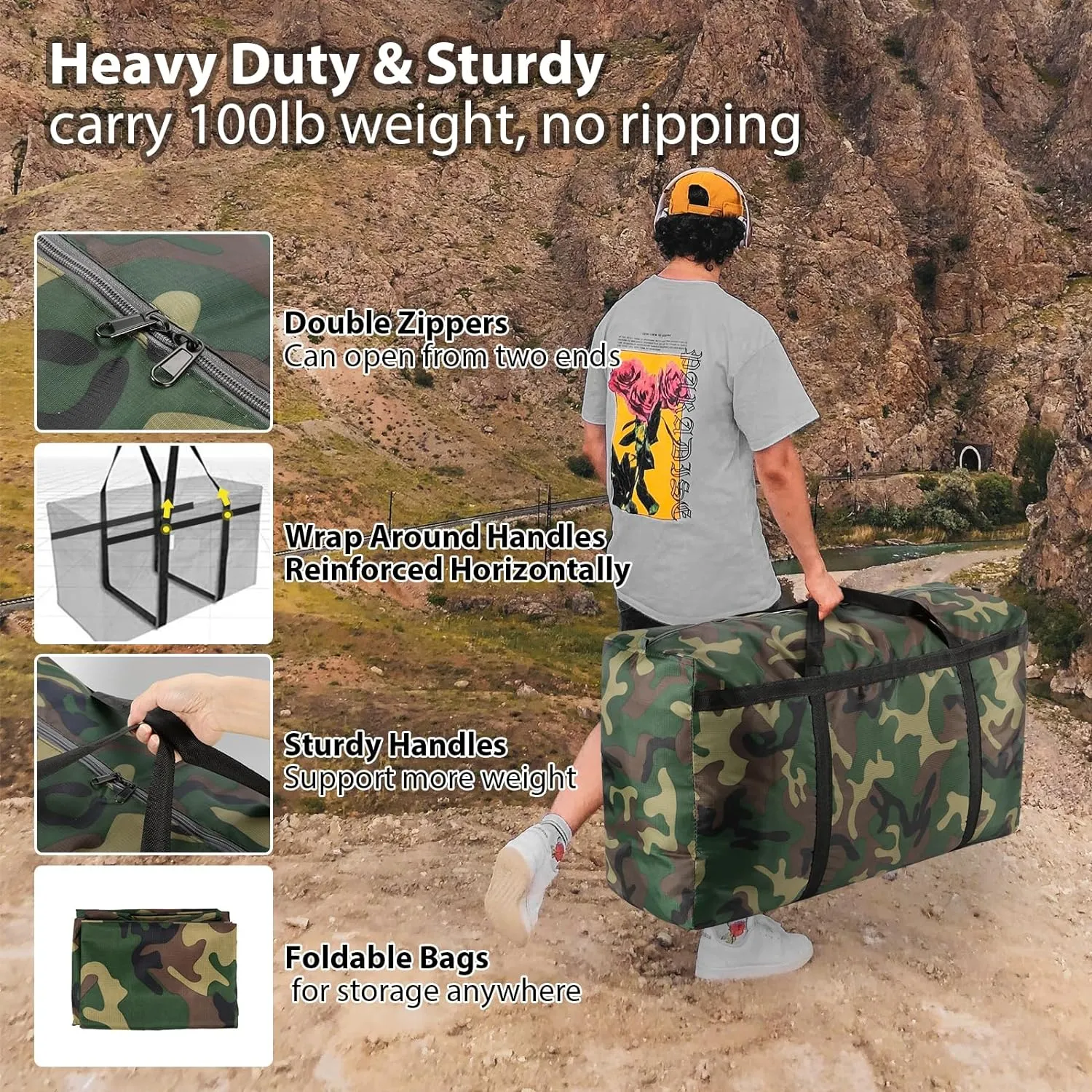 Camouflage Extra Large Moving Bags, Heavy Duty Storage Bags, 600D Oxford Cloth Wrap Around Handles Double Zipper, Waterproof Reusable Convenient (100L-3P)
