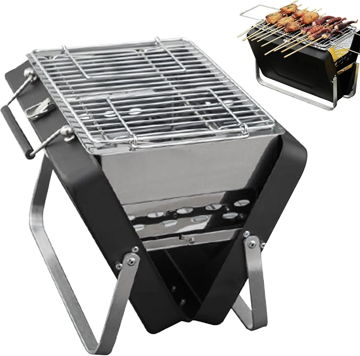 Camping Burner Portable, Foldable Camping Stove, Stainless Steel BBQ Charcoal Grill Outdoor for Camping Picnic Backpacking, Detachable Charcoal Basin for Easy CleaningS