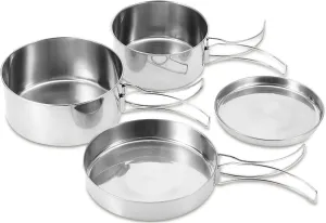 Camping Pots Pans, 4Pcs Portable Foldable Stainless Steel Combination Pot Cookware Set Camping Kitchenware Picnic Outdoor Pan Pot Plate Tableware Backpacking Gear for Camping Hiking Picnic