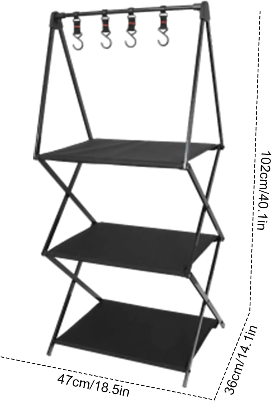 Camping Storage Rack, Folding Storage Rack Multi-Layer, Portable Collapsible Aluminum Alloy Storage Rack, Outdoor Tools Hanging Organizer with Hooks, Camping, Picnic, BBQ (B)