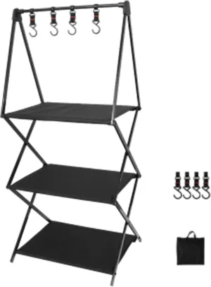 Camping Storage Rack, Folding Storage Rack Multi-Layer, Portable Collapsible Aluminum Alloy Storage Rack, Outdoor Tools Hanging Organizer with Hooks, Camping, Picnic, BBQ (B)