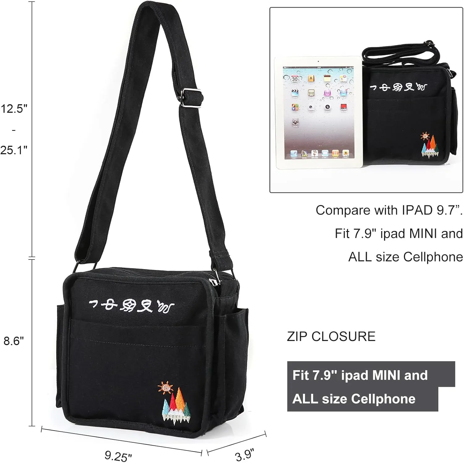 Canvas Crossbody Bag for Women Men, Fashion Casual Shoulder Bags Messenger Bag with Embroidery