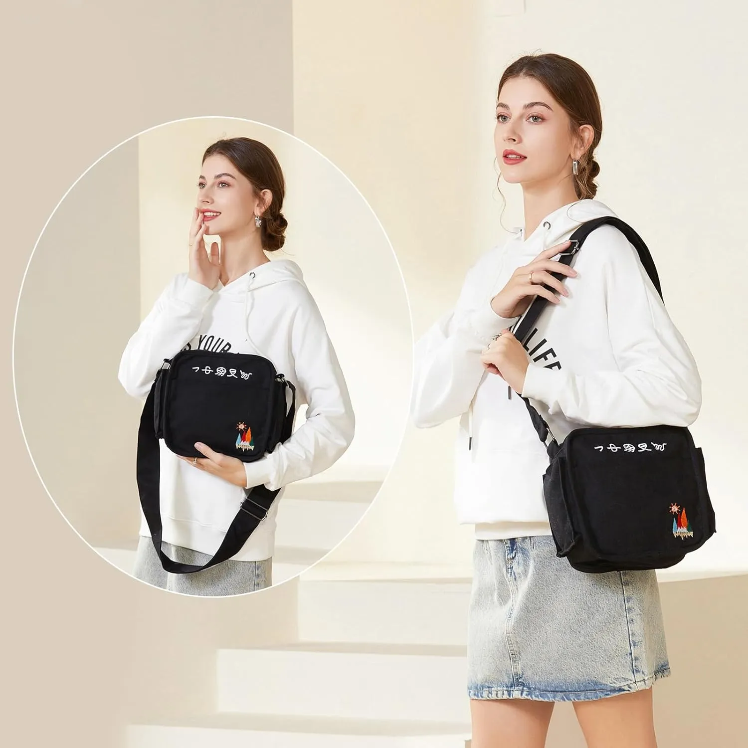 Canvas Crossbody Bag for Women Men, Fashion Casual Shoulder Bags Messenger Bag with Embroidery
