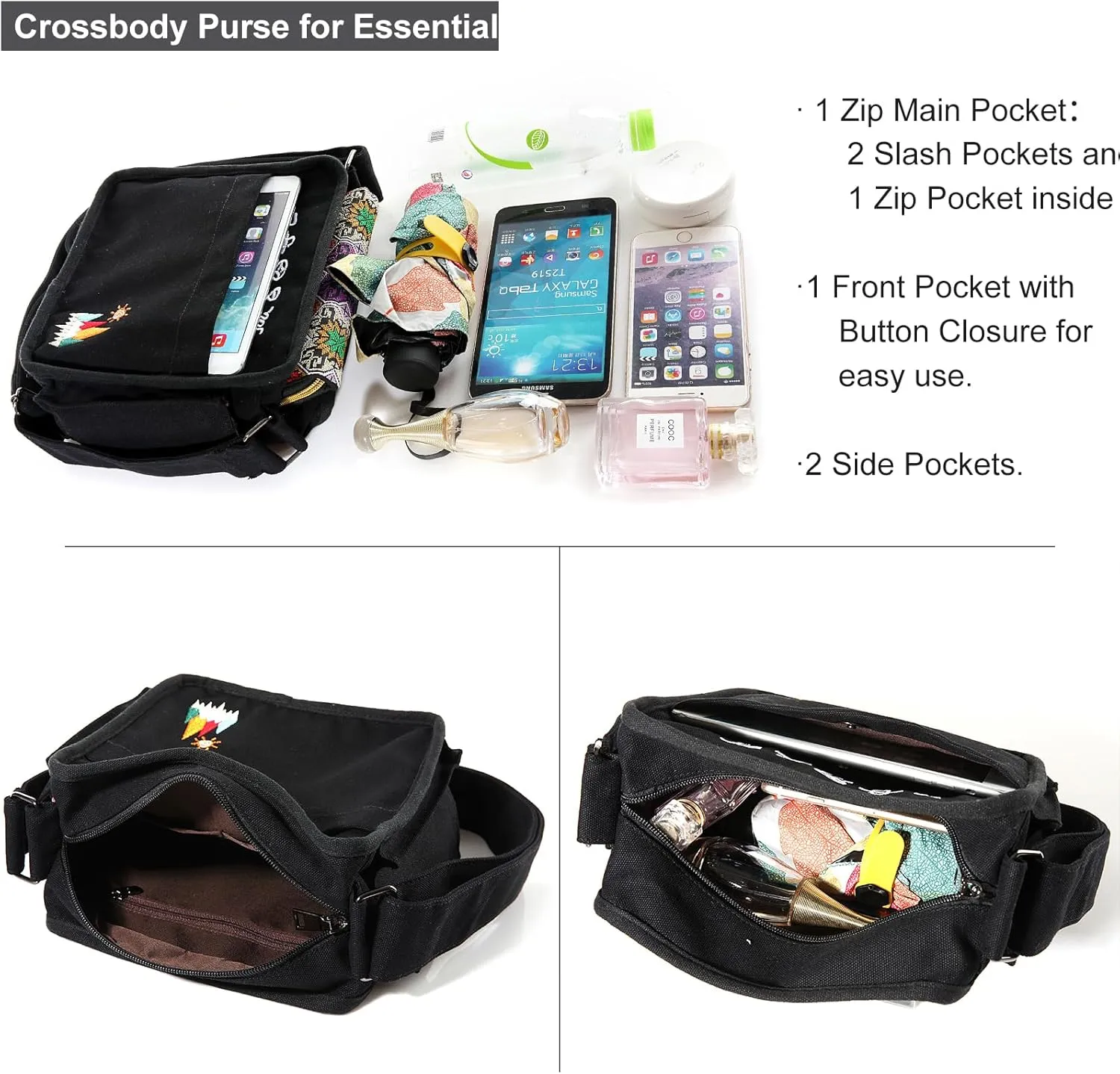 Canvas Crossbody Bag for Women Men, Fashion Casual Shoulder Bags Messenger Bag with Embroidery