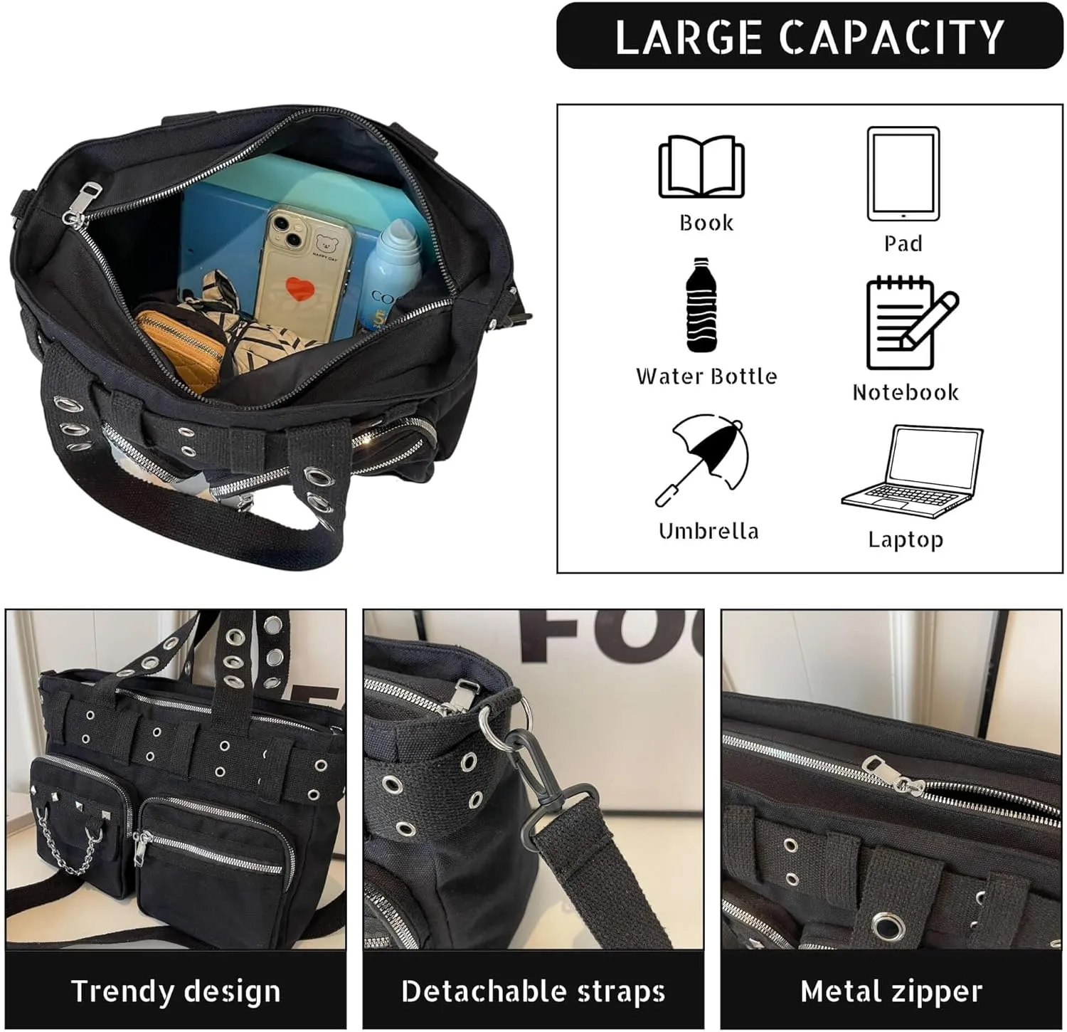 Canvas Grunge Gothic Crossbody Bag, Y2K Punk Messenger Bag for Women