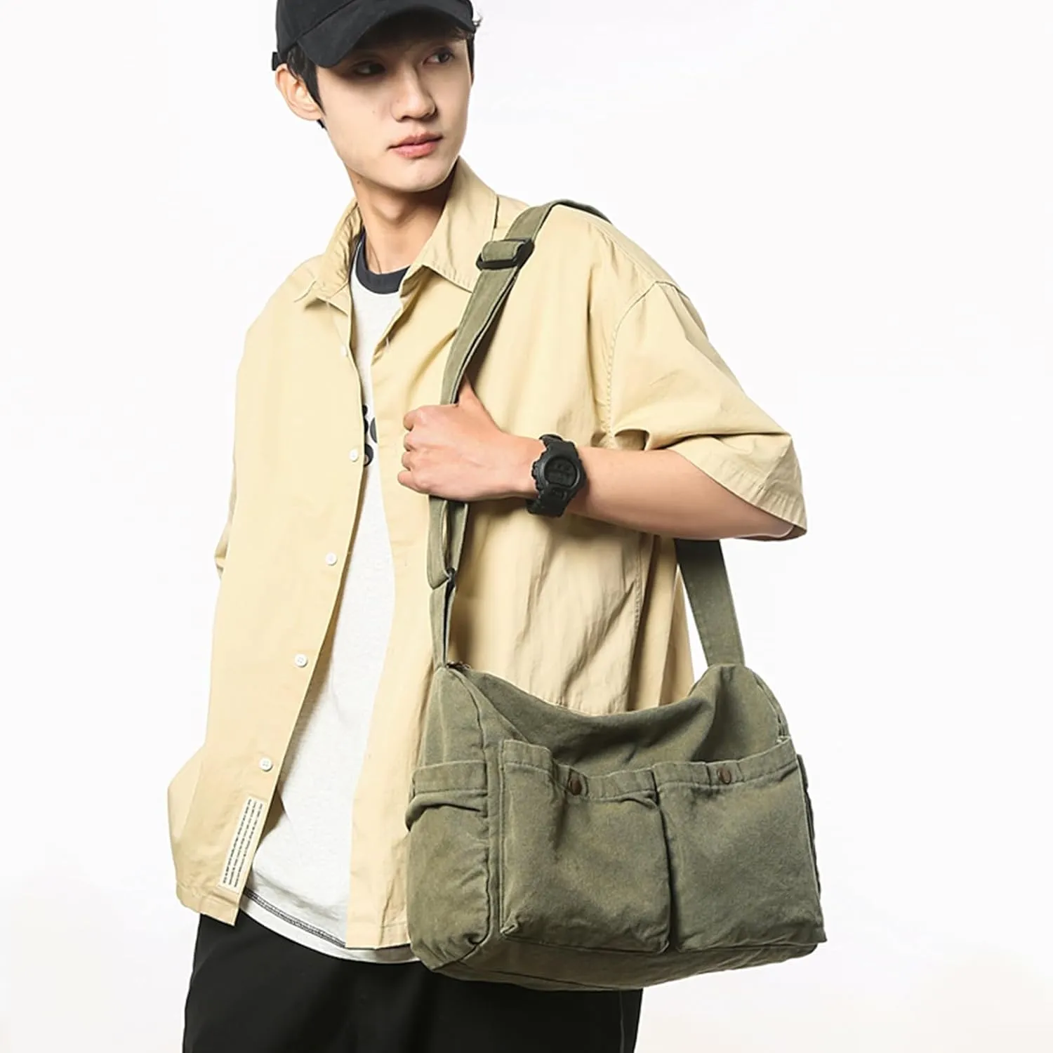 Canvas Messenger Bag Cute Crossbody Tote Bag Shoulder for Women Men for School Aesthetic Hobo with Multiple Pockets