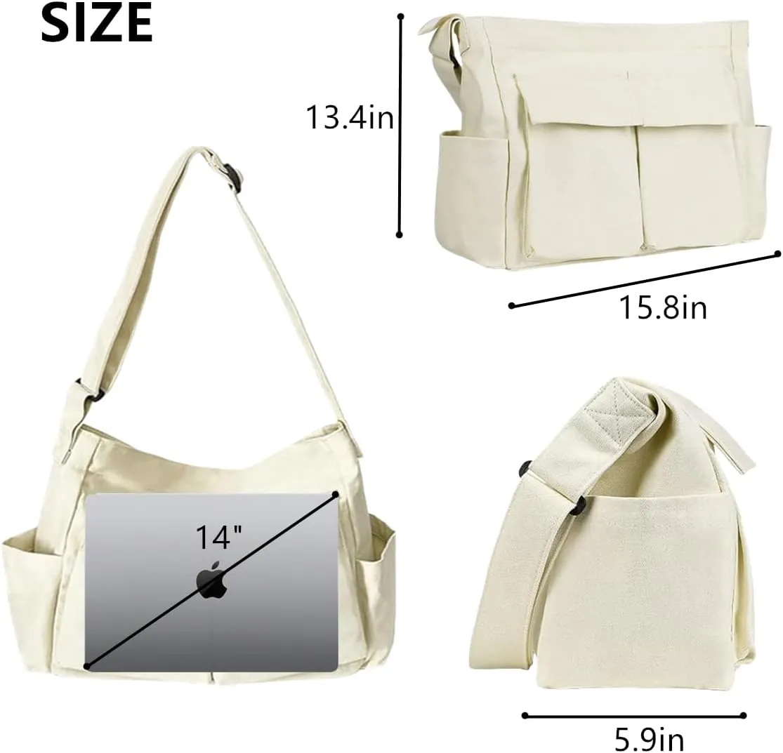 Canvas Messenger Bag Large Hobo Crossbody Bags with Multiple Pockets,School Vintage Shoulder Laptop Bag for Women and Men