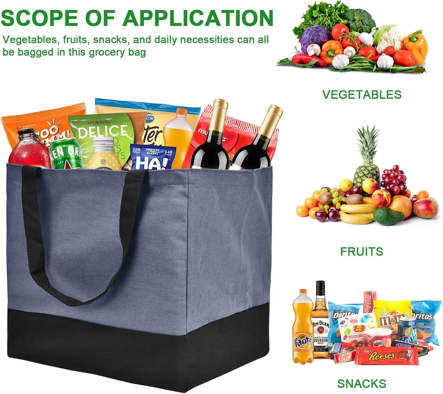 Canvas Reusable Grocery Bags Heavy Duty, 8.3 gal Foldable Large Canvas Tote Bag with Handles, Holds 60 lbs Canvas Shopping Bags & Washable Eco-friendly Bags with 5 Pockets, Blue Black 1 Bags