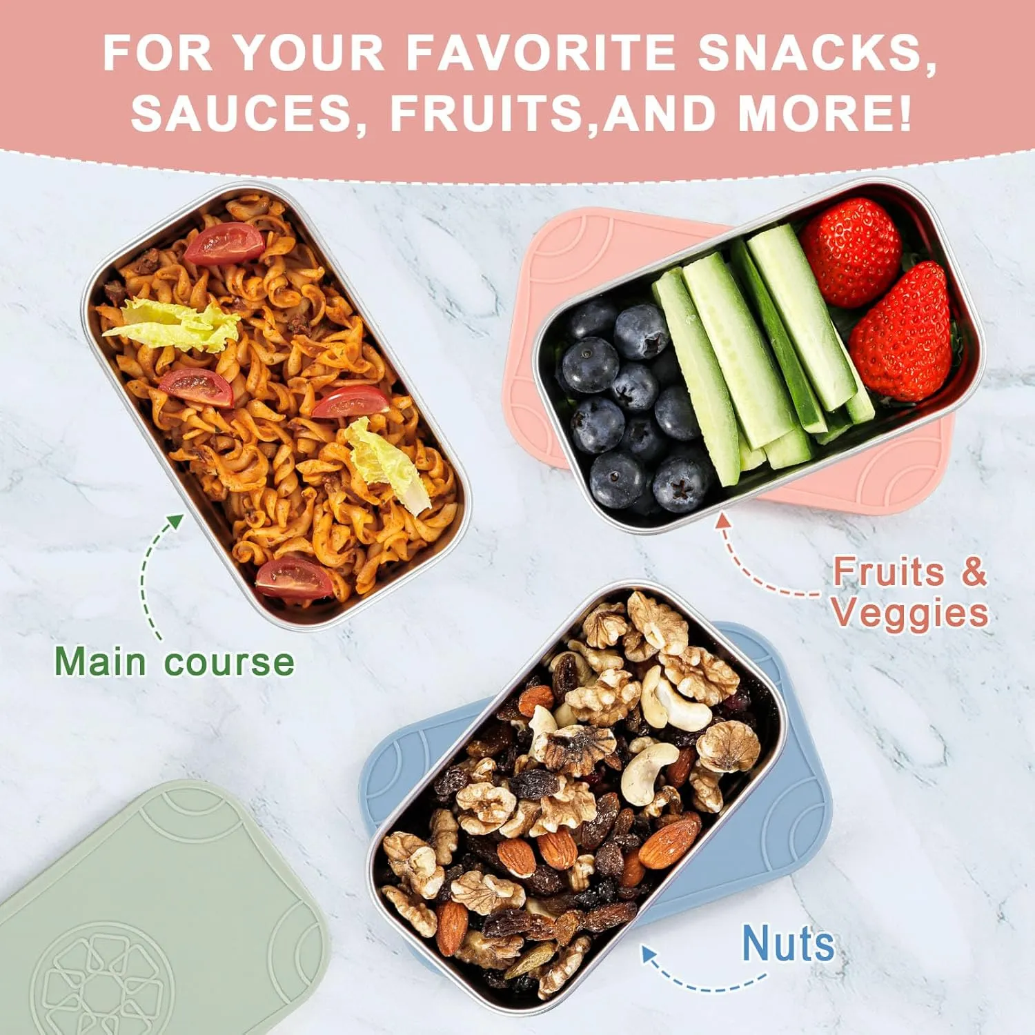 Caperci 3-Pack Large Stainless Steel Snack Containers with Silicone Lids - 15oz Reusable Small Food Storage Deli Containers for Snacks & Meal Prep, Leak-Proof, Easy Open & BPA-Free (440ML)