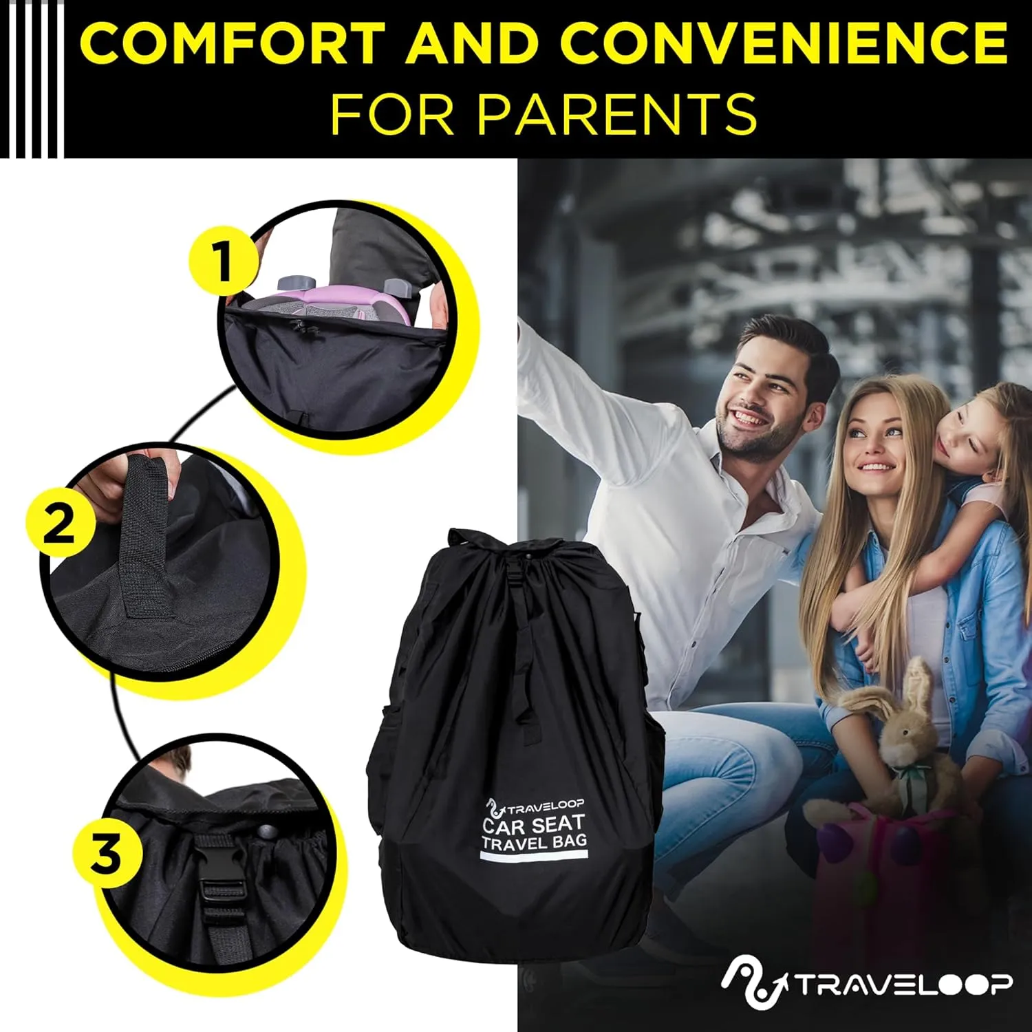 Car Seat Travel Bag for Airplane – Double-Closure Gate Check Bag for Car Seats with Padded Shoulder Straps, Rubberized Carrying Handle & Storage Pouch – 18x18x34in (Black)