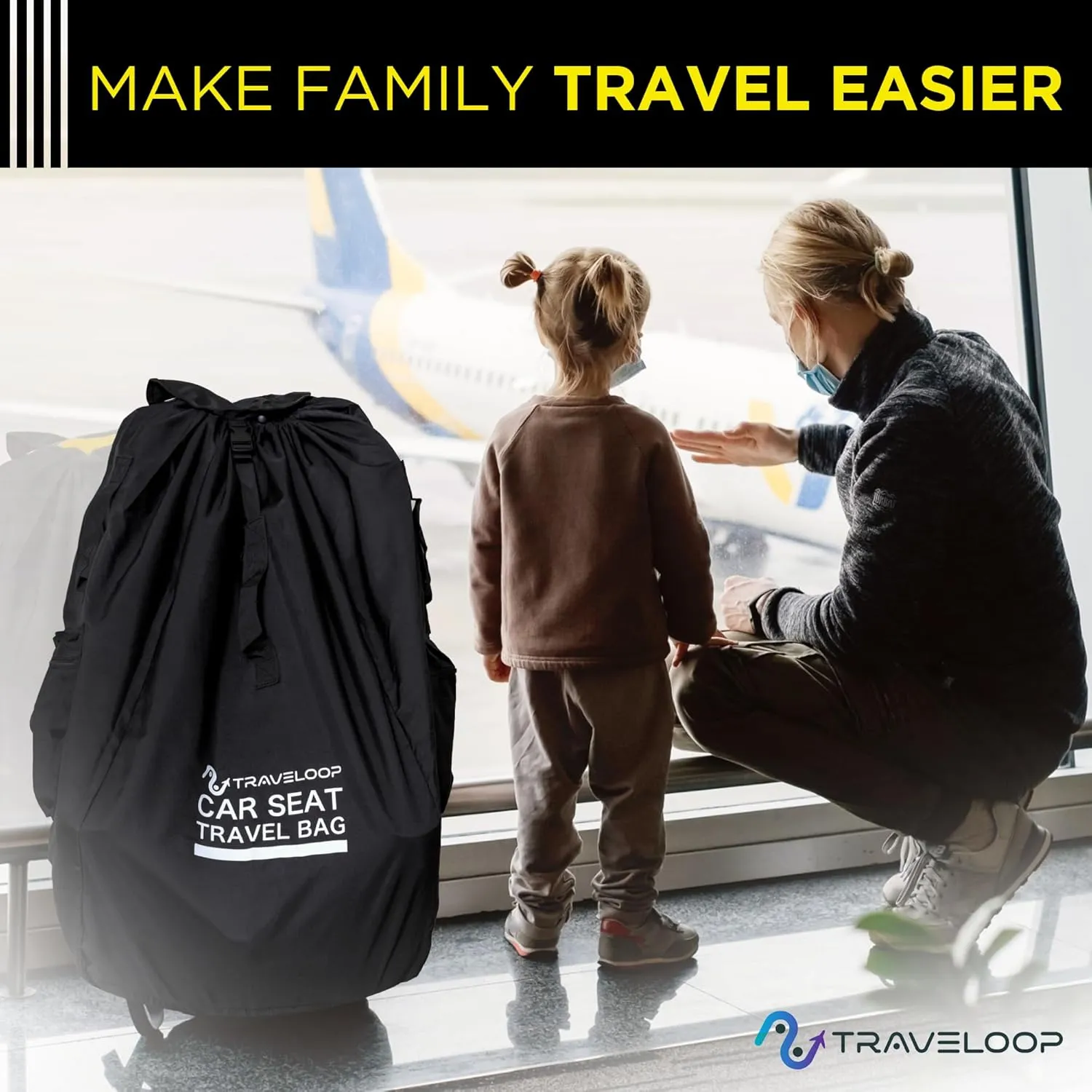 Car Seat Travel Bag for Airplane – Double-Closure Gate Check Bag for Car Seats with Padded Shoulder Straps, Rubberized Carrying Handle & Storage Pouch – 18x18x34in (Black)