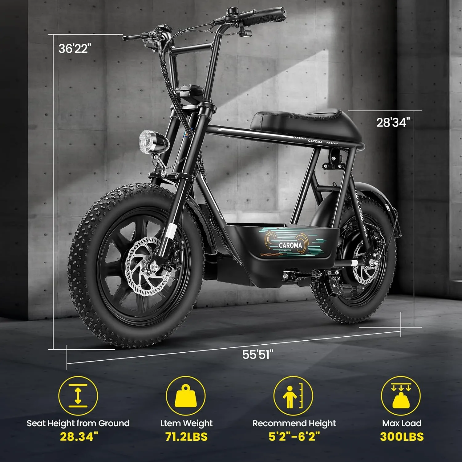 Caroma Peak 1200W Electric Scooter with Seat, 16"*3" Fat Tire Electric Dirt Bike for All-Terrain, 30 Miles Ranges 20MPH Max Speed, Electric Motorcycle with Storage Basket for Adults Cargo & Commuting