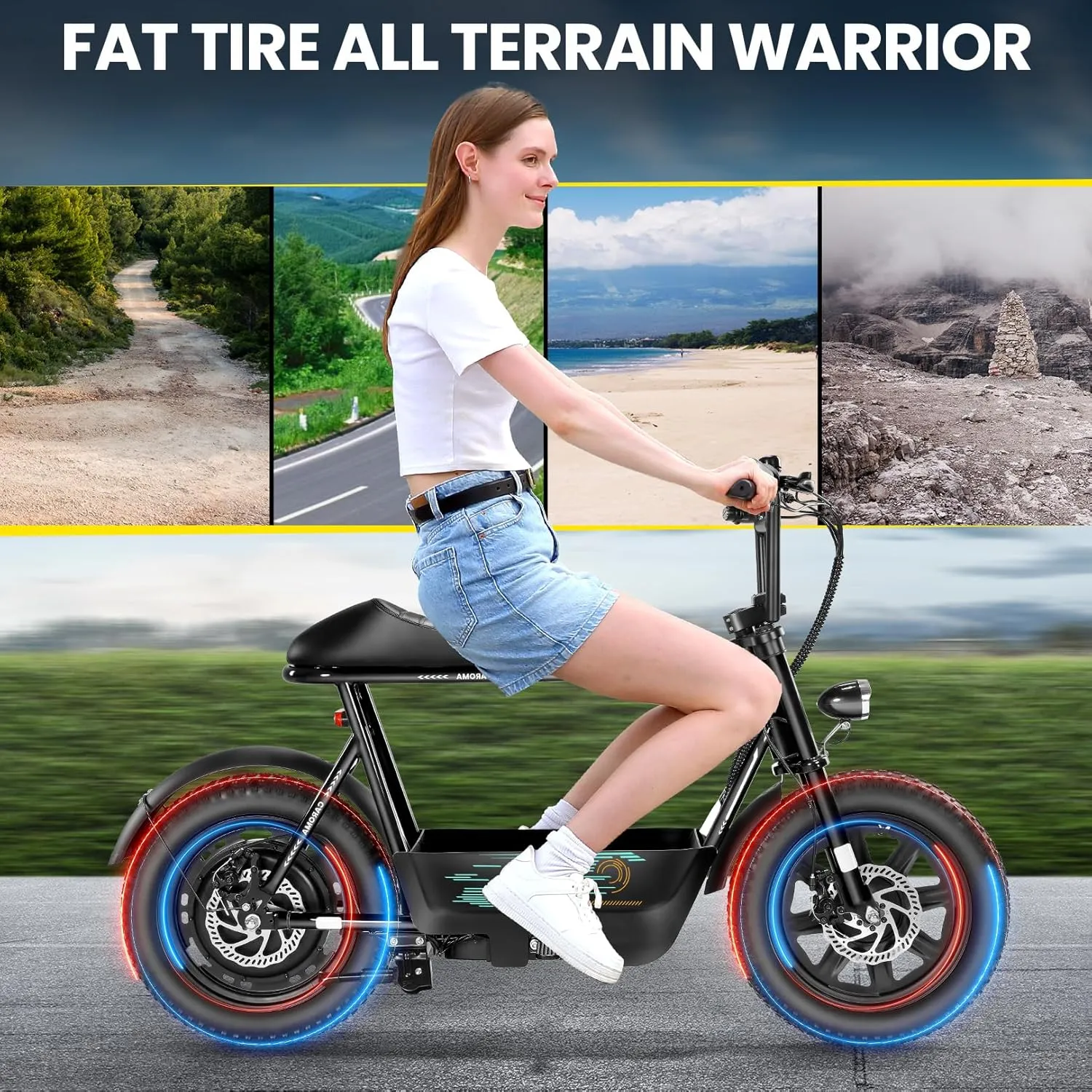 Caroma Peak 1200W Electric Scooter with Seat, 16"*3" Fat Tire Electric Dirt Bike for All-Terrain, 30 Miles Ranges 20MPH Max Speed, Electric Motorcycle with Storage Basket for Adults Cargo & Commuting