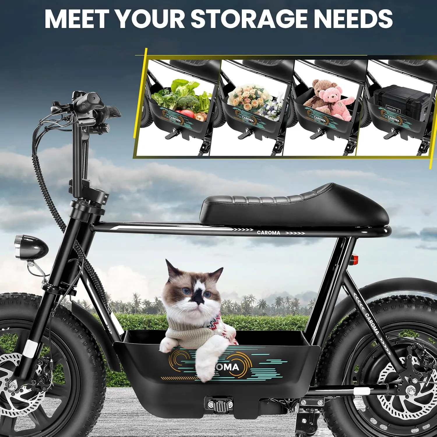 Caroma Peak 1200W Electric Scooter with Seat, 16"*3" Fat Tire Electric Dirt Bike for All-Terrain, 30 Miles Ranges 20MPH Max Speed, Electric Motorcycle with Storage Basket for Adults Cargo & Commuting