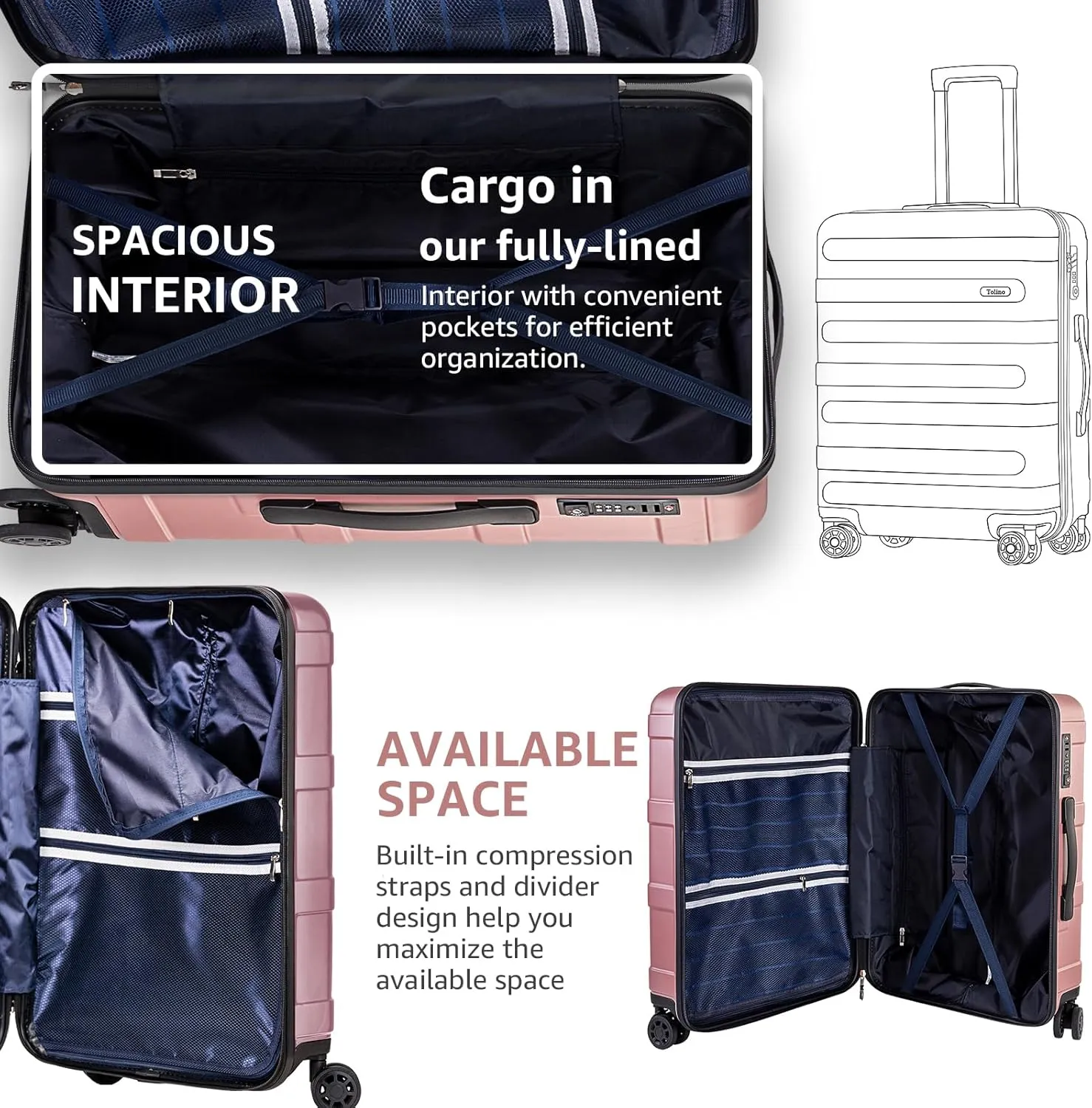 Carry-on Luggage with Spinner Wheels,Suitcases PC ABS Hard Shell - 20in TSA Lock Lightweight Carry on