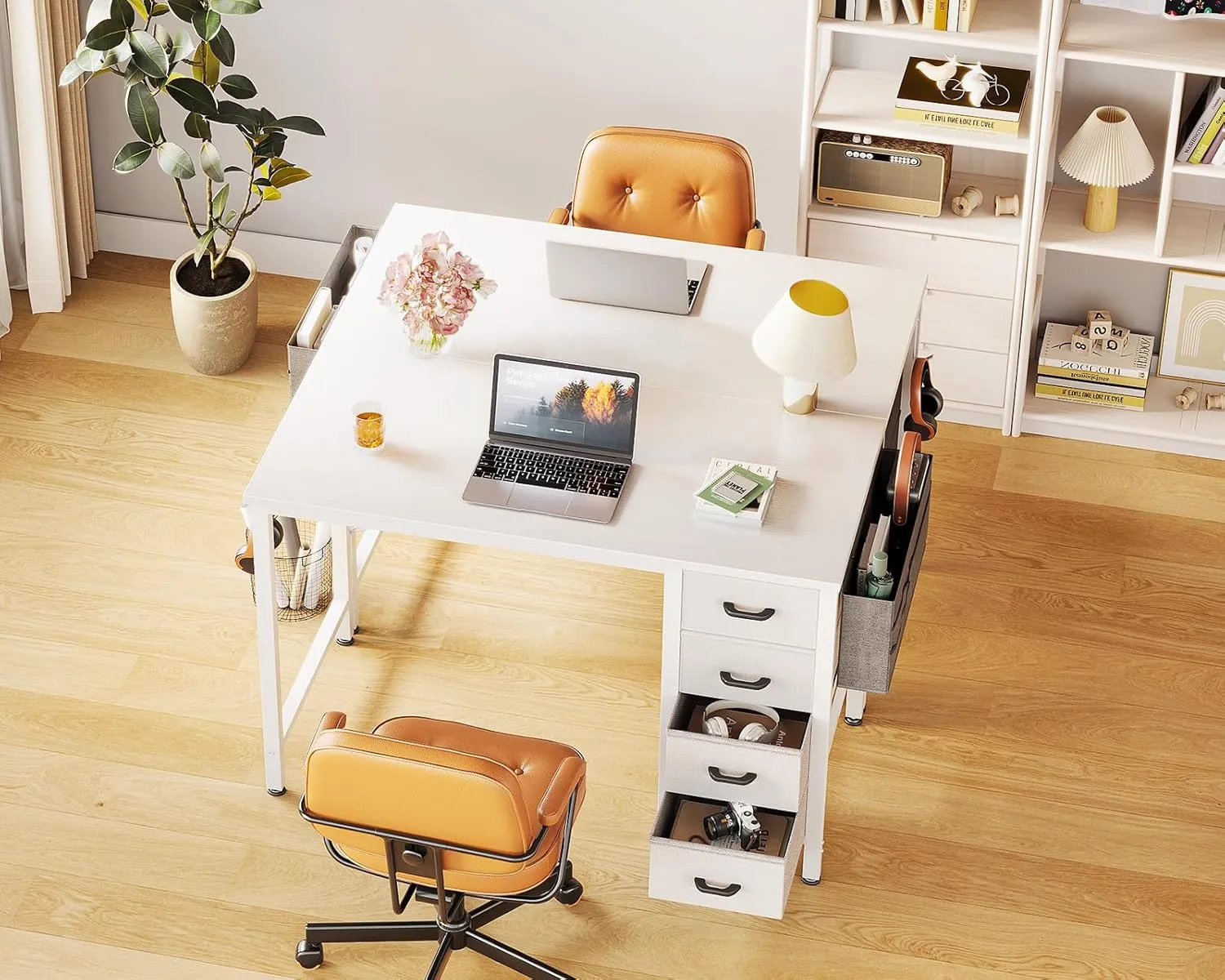 Casaottima 32 inch Small Computer Desk with 4 Fabric Drawers, Side Hook and Cloth Bag, Kids Study Table for Bedroom and Small Space, Pure White